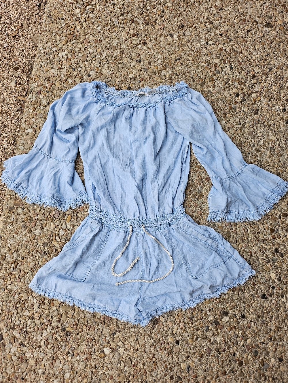 RAMY BROOK Esie Romper Womens XS Faded Blue Cotton Chambray Fringed S773